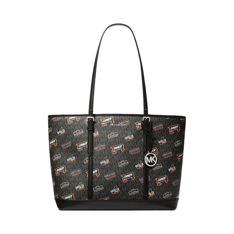 Michael Kors Jet Set Large Printed Signature Logo Tote Bag Black