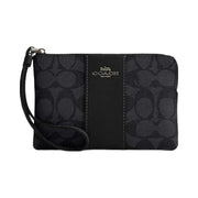 Coach Corner Zip Wristlet In Signature Canvas With Stripe Signature Canvas-Gunmetal-Charcoal-Black