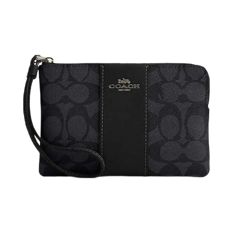 Coach Corner Zip Wristlet In Signature Canvas With Stripe Signature Canvas-Gunmetal-Charcoal-Black