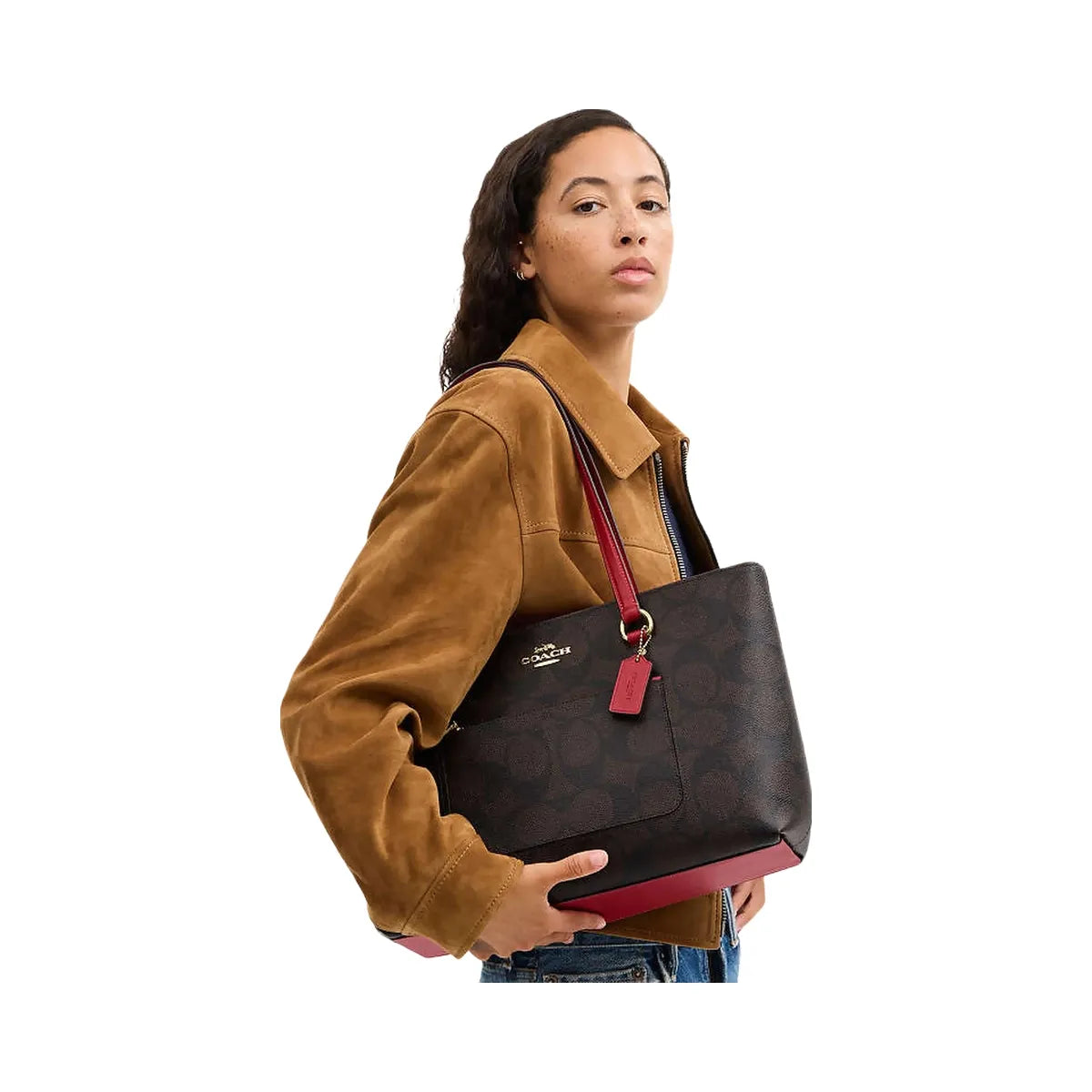 Coach Station Tote Bag In Maxi Signature Canvas Signature Canvas-Im-Walnut-True Red
