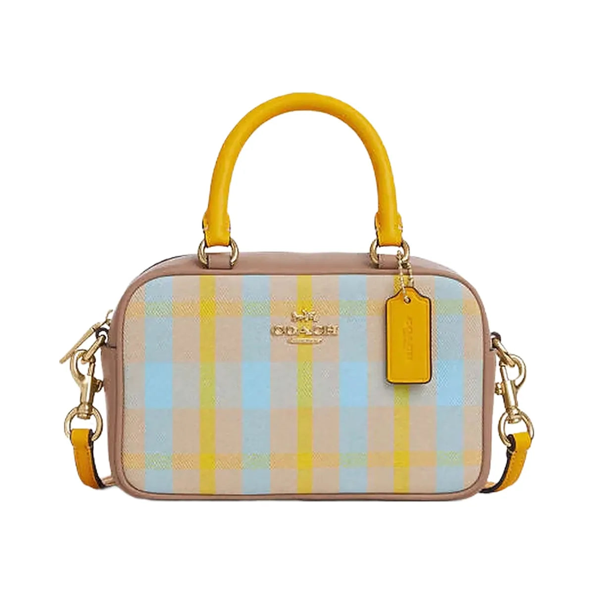 Coach Satchel Crossbody Bag With Plaid Print Im-Bright Maize Multi