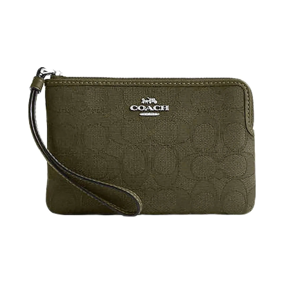 Coach Corner Zip Wristlet In Signature Jacquard Non Leather-Silver-Olive Drab-Olive Drab