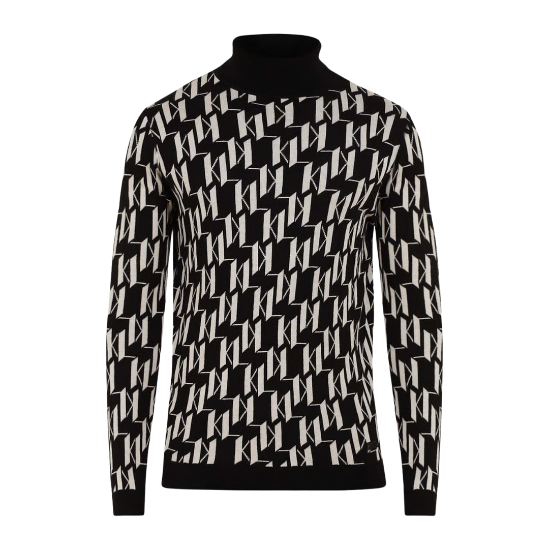 Men Black All-Over KL Knitted Turtle Neck Pullover