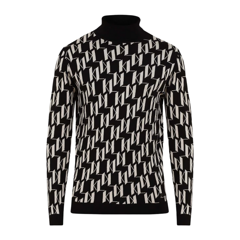 Men Black All-Over KL Knitted Turtle Neck Pullover