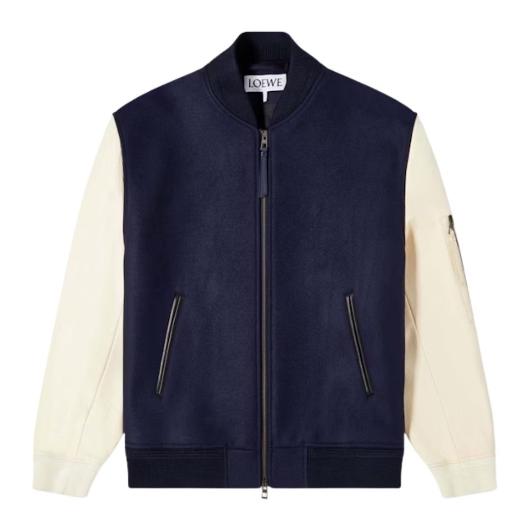 LOEWE Leather Sleeve Bomber Jacket Navy/Cream