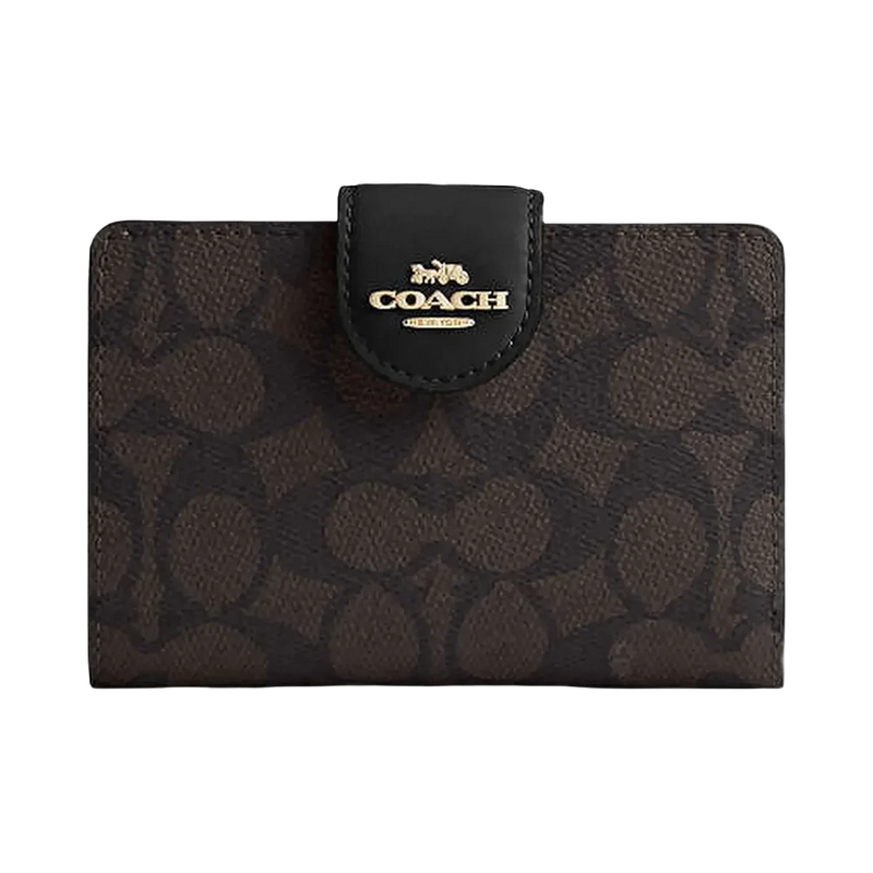 Coach Medium Corner Zip Wallet In Signature Canvas Signature Canvas-Gold-Walnut-Black