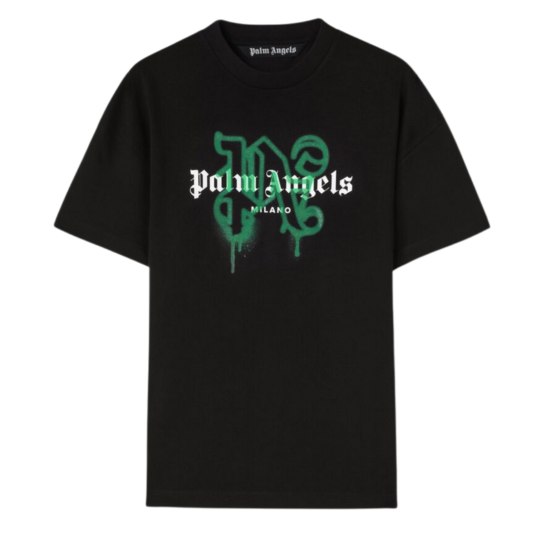 Palm Angels Milano Monogram Sprayed Logo T-Shirt In Black/Green Cotton