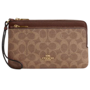 Coach Double Zip Wallet In Signature Canvas Gold Tan Brown
