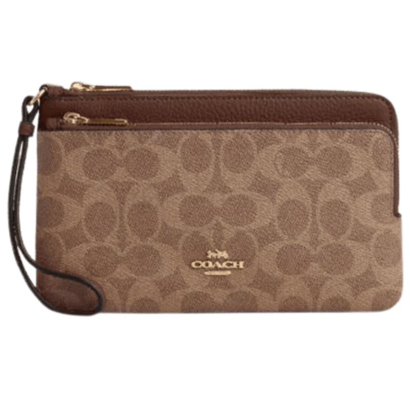 Coach Double Zip Wallet In Signature Canvas Gold Tan Brown