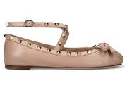 Valentino Garavani Rockstud Bow-Embellished Crossover-Strap Leather Ballet Flats Blush (Women's)