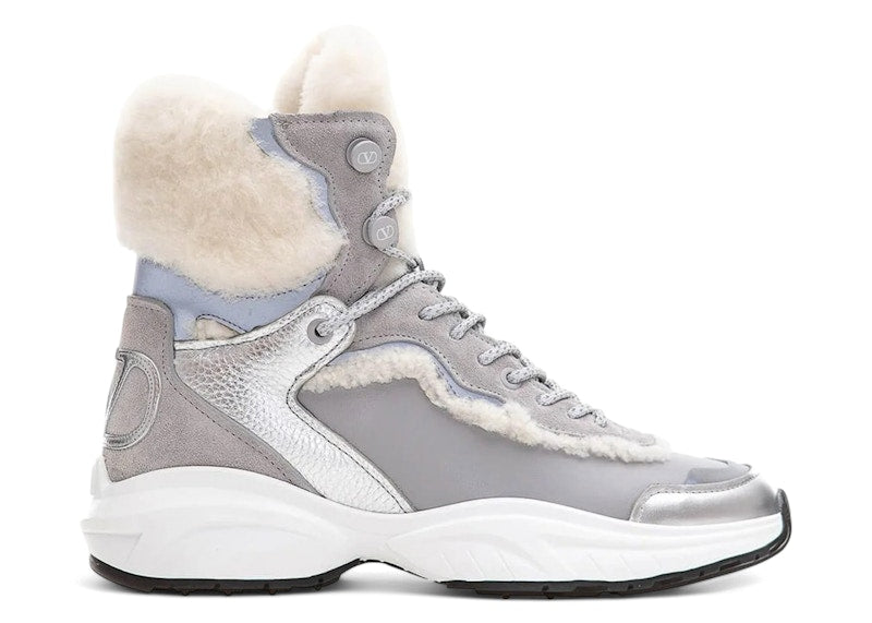 Valentino Garavani V Logo High-Top Shearling Sneakers Silver (Women's)