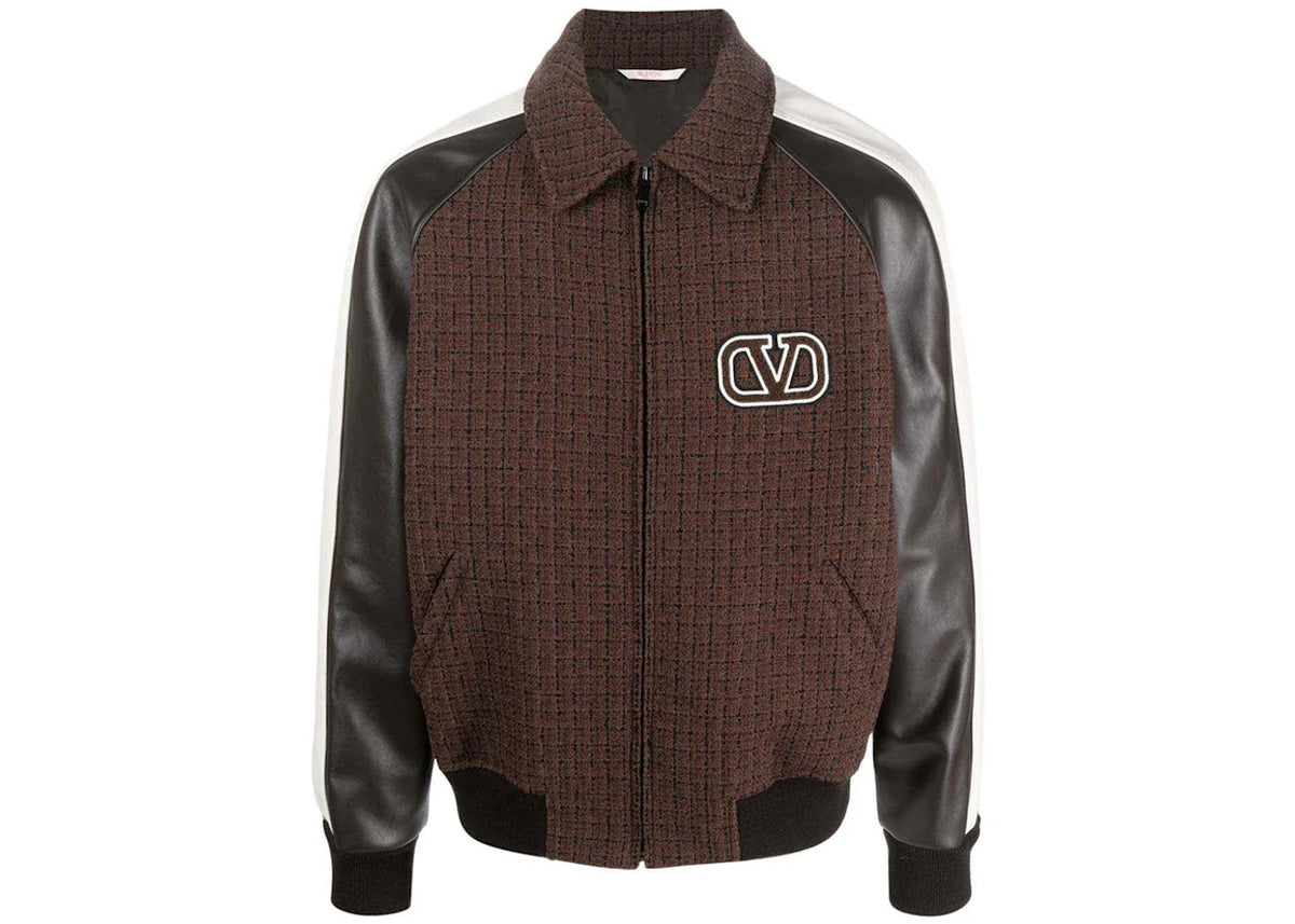 Valentino Tweed-Panel Bomber Jacket Brown