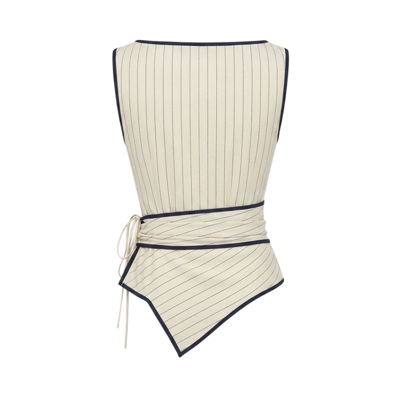 Valeria Pinstripe Asymmetric Wrap Top - Ivory Pinstripe