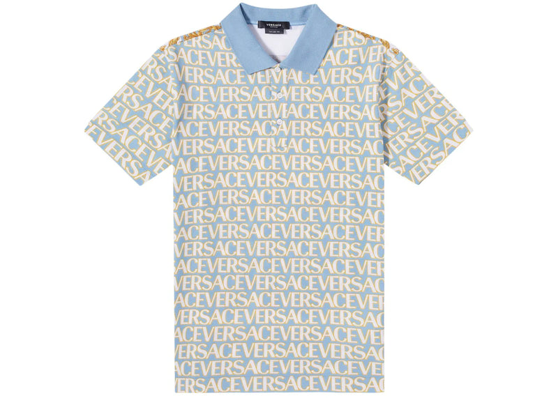 Versace All Over Logo Pique Polo Shirt Blue Multi
