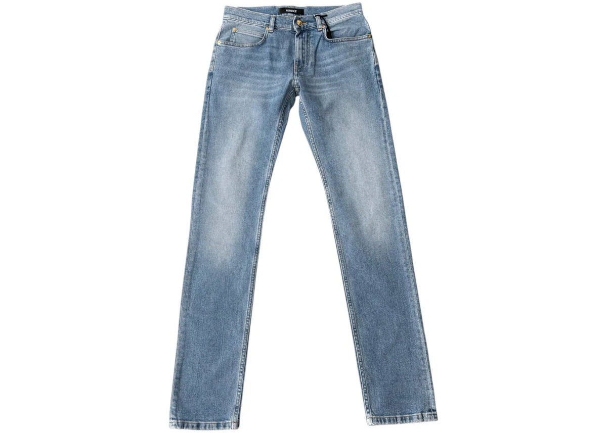 Versace Straight Leg Embroidered Logo Jeans Washed Light Blue