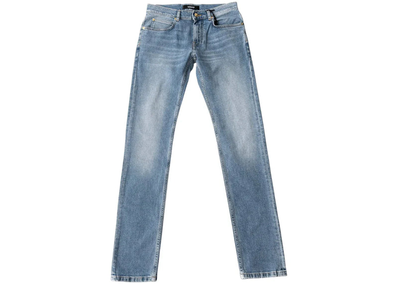 Versace Straight Leg Embroidered Logo Jeans Washed Light Blue