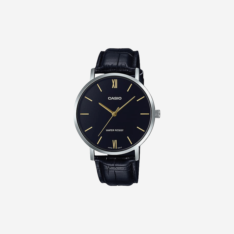 Casio Enticer MTP-VT01L-1BUDF Quartz Black Dial Analog Black Leather Strap Watch