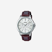 Casio Enticer MTP-V300L-7AUDF Quartz White Dial Multi-Function Brown Leather Strap Watch