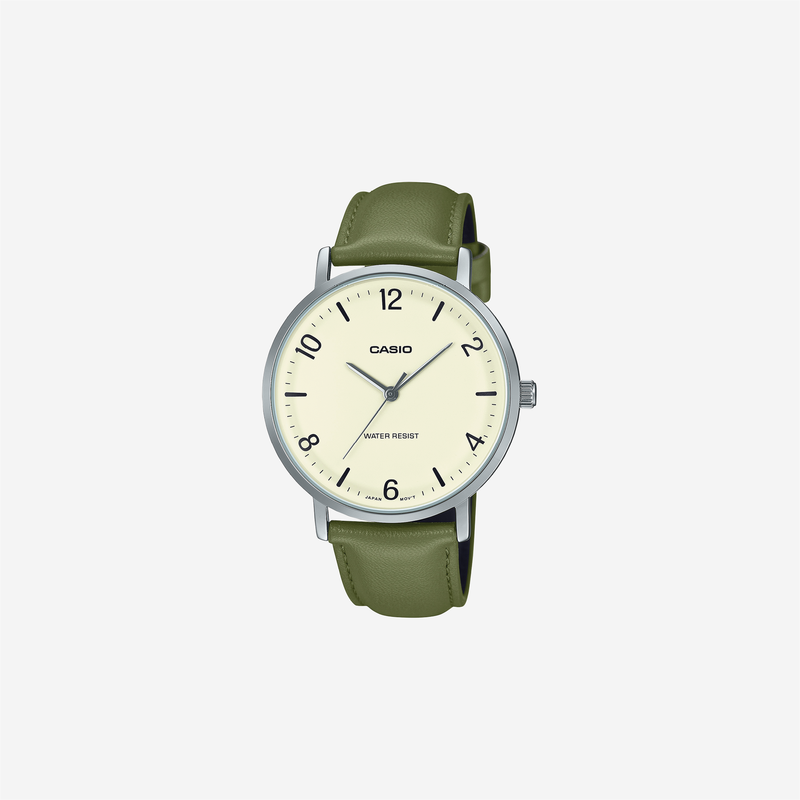 Casio Enticer MTP-VT03L-7BDF Quartz White Dial Analog Green Leather Strap Watch