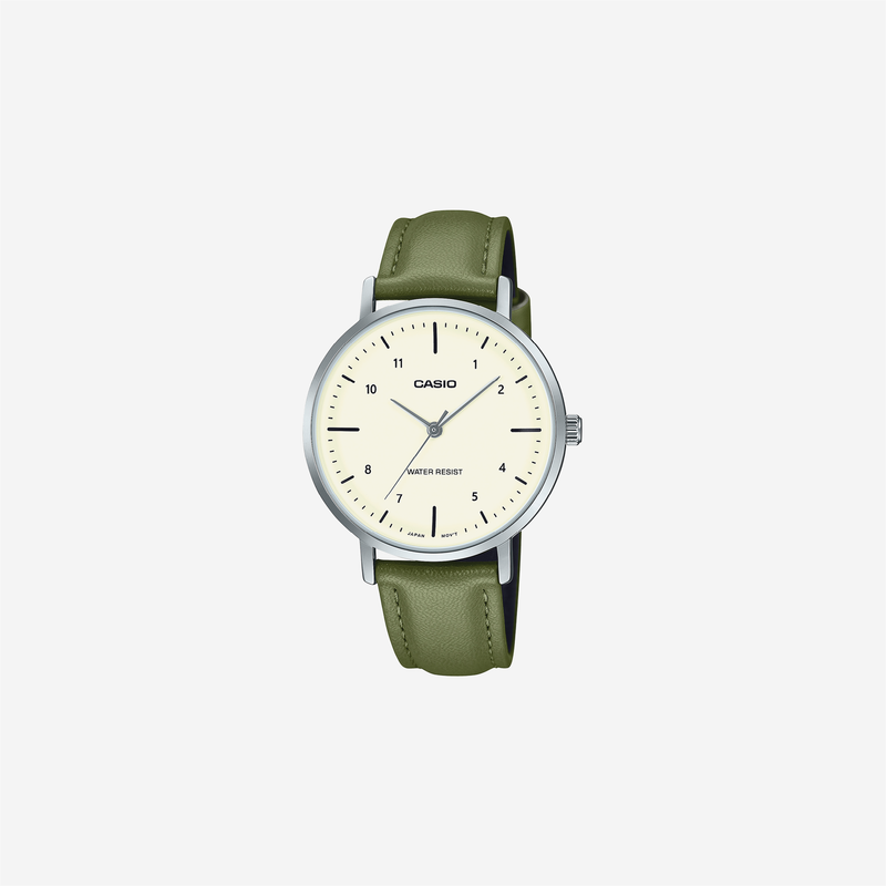 Casio Enticer LTP-VT03L-3BDF Quartz Cream Dial Analog Green Leather Strap Watch