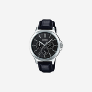 Casio Enticer MTP-V300L-1AUDF Quartz Black Dial Multi-Function Black Leather Strap Watch