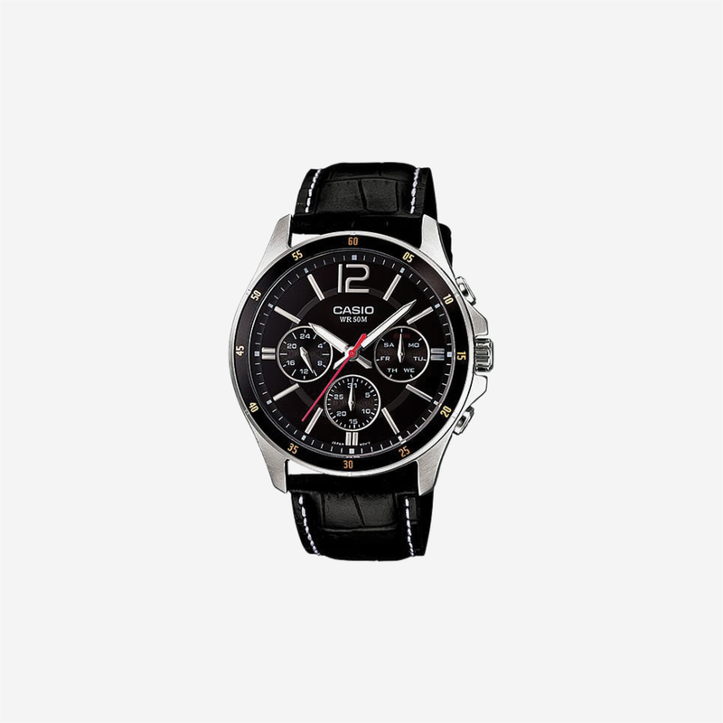 Casio Enticer MTP-1374L-1AVDF Quartz Black Dial Chronograph Leather Watch