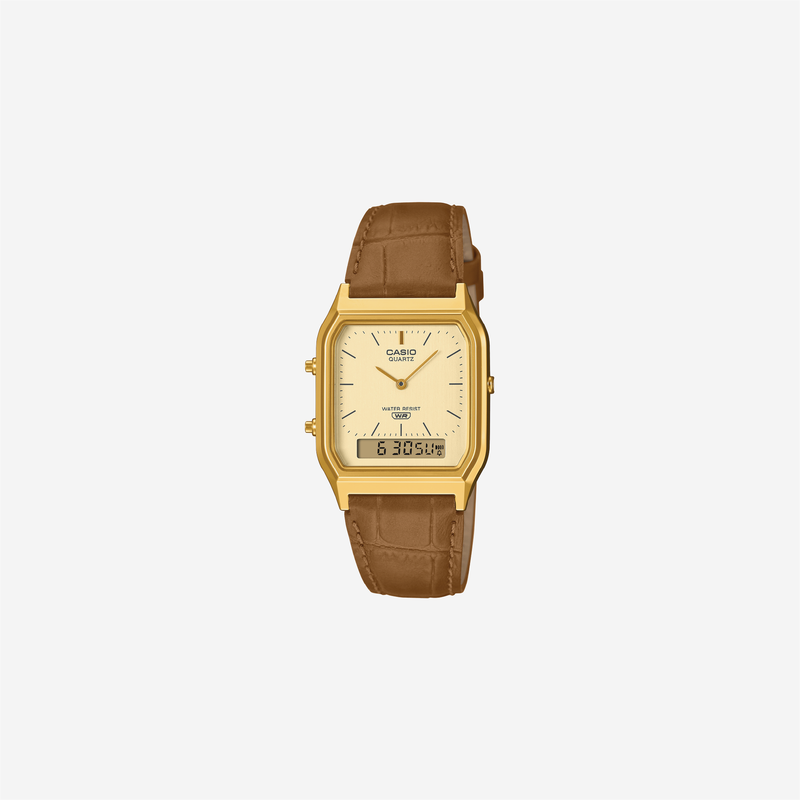 Casio Classics AQ-230EGL-9ADF  Quartz White Dial Analog-Digital Brown Leather Strap Watch