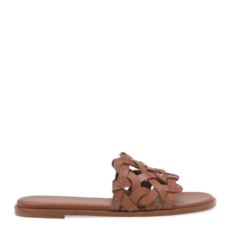 Chocolate Brown Calf Leather Stacked Heel Crossover Strap Round Open Toe