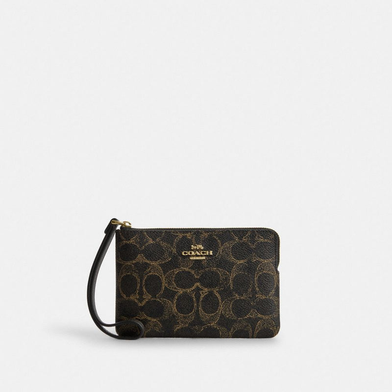 Coach Corner Zip Wristlet In Loved Signature Canvas Gold Brown