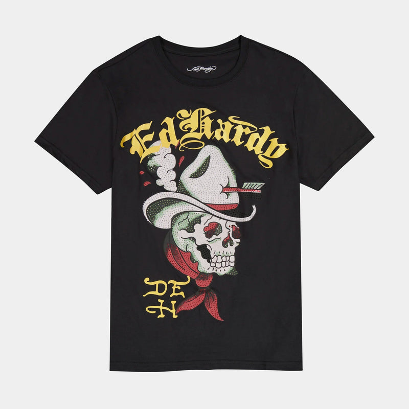ED HARDY Cowboy Skull Rhinestone Mens Short Sleeve Shirt (Black)