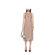 Concealed Rear Hook and Zip Fastening Internal Slip Dress with Tulle Overlay and Rear Slit
