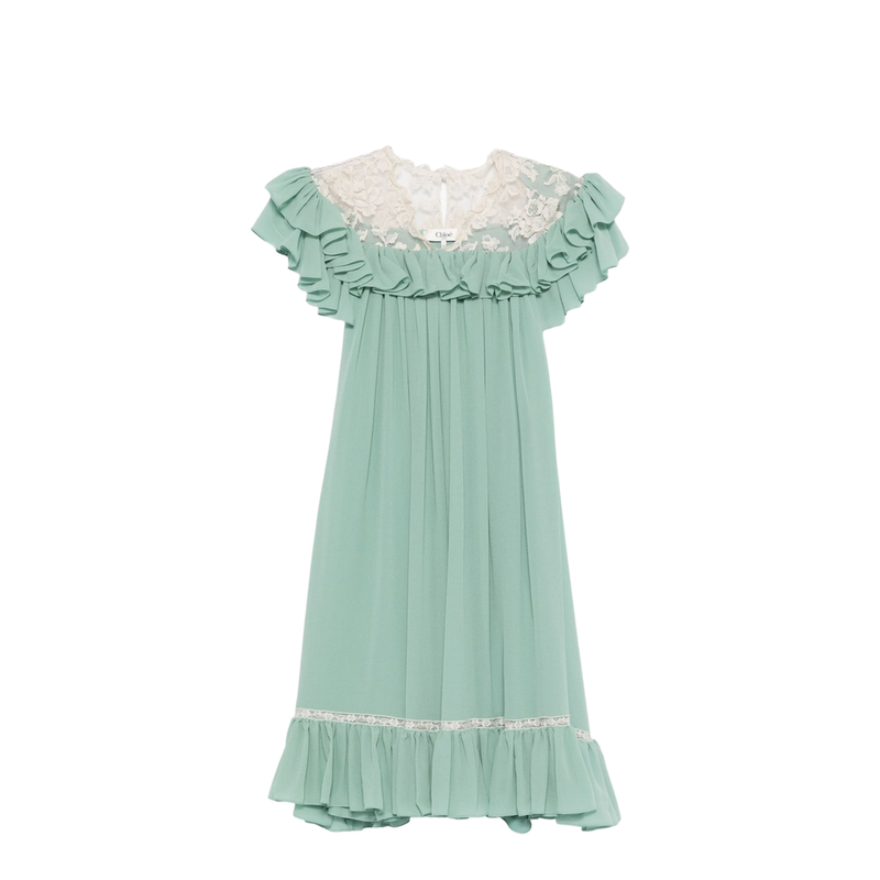 Shorts-sleeve mini dress in silk georgette & lace