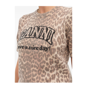 Beige Crew Neck Shorts Sleeves Leopard Print Ribbed Trim