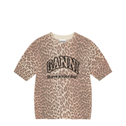 Beige Crew Neck Shorts Sleeves Leopard Print Ribbed Trim