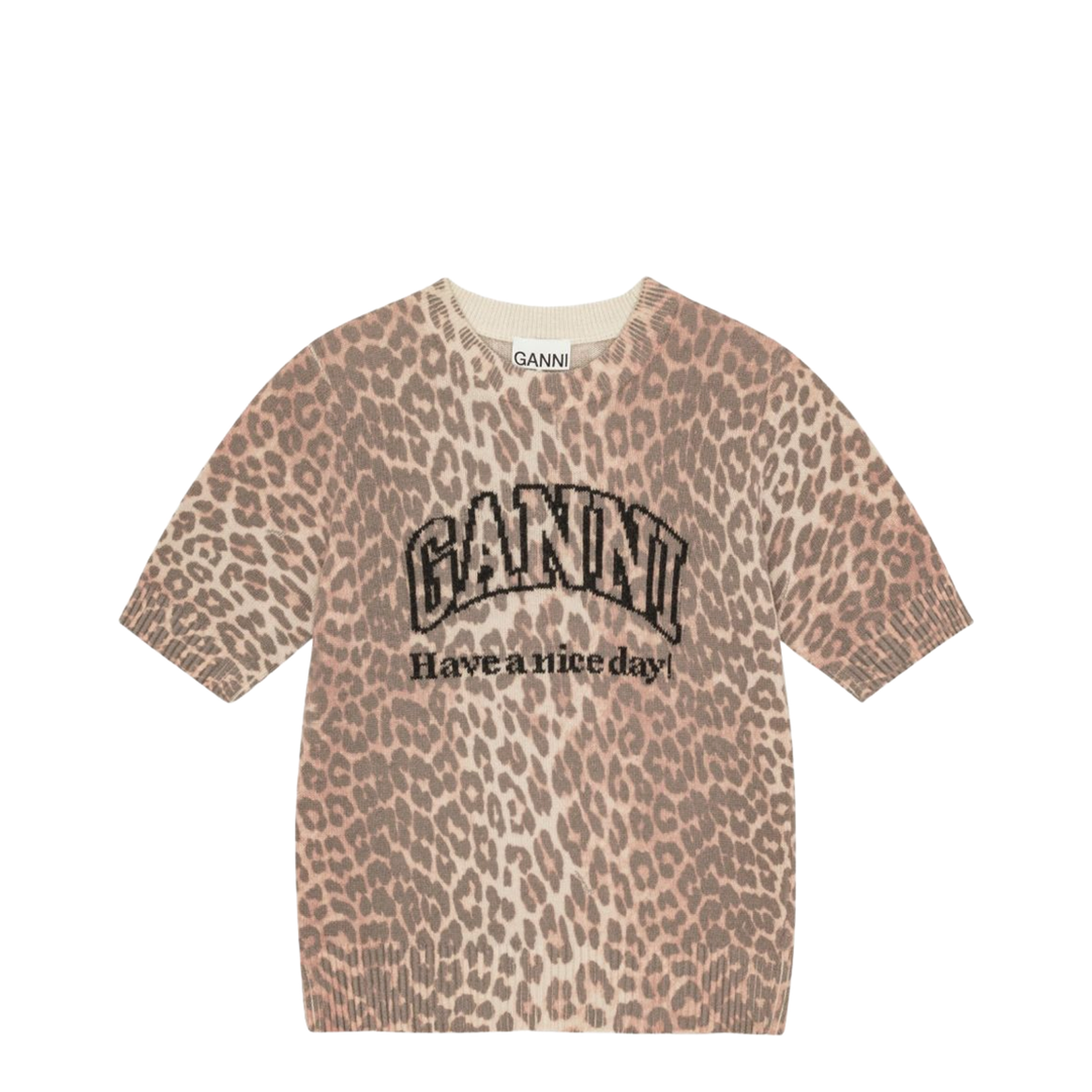 Beige Crew Neck Shorts Sleeves Leopard Print Ribbed Trim