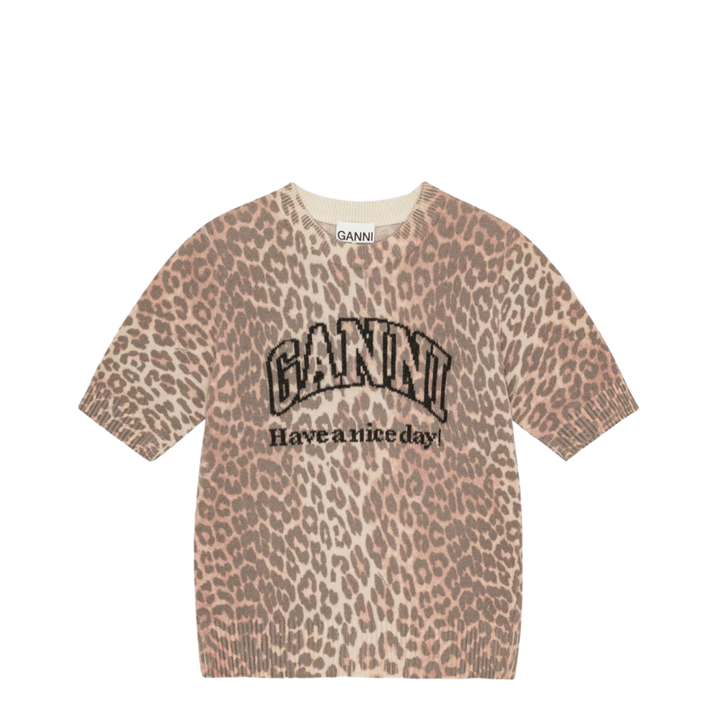 Beige Crew Neck Shorts Sleeves Leopard Print Ribbed Trim