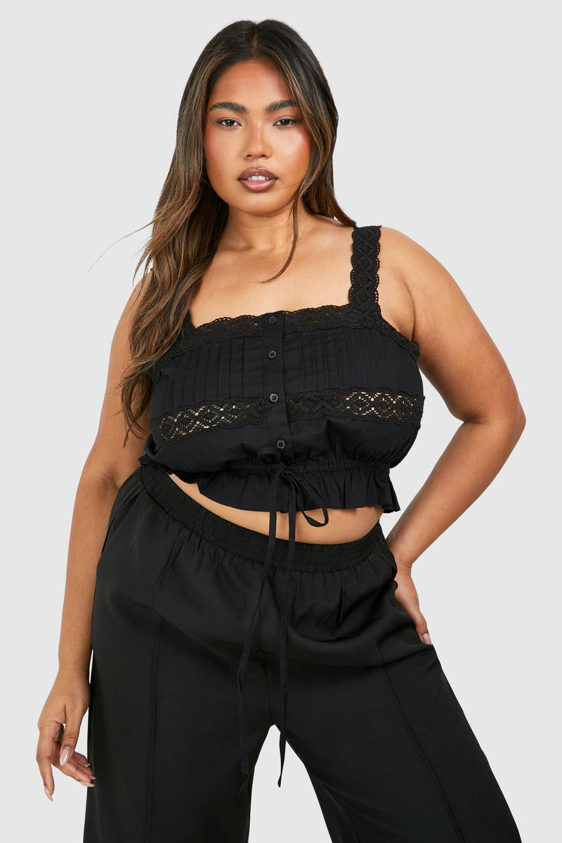 Plus Cotton Lace Detail Strappy Crop Top