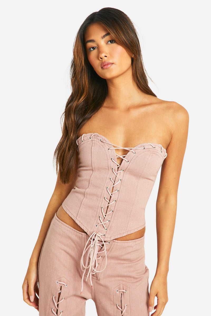Lace Up Curved Hem Denim Corset