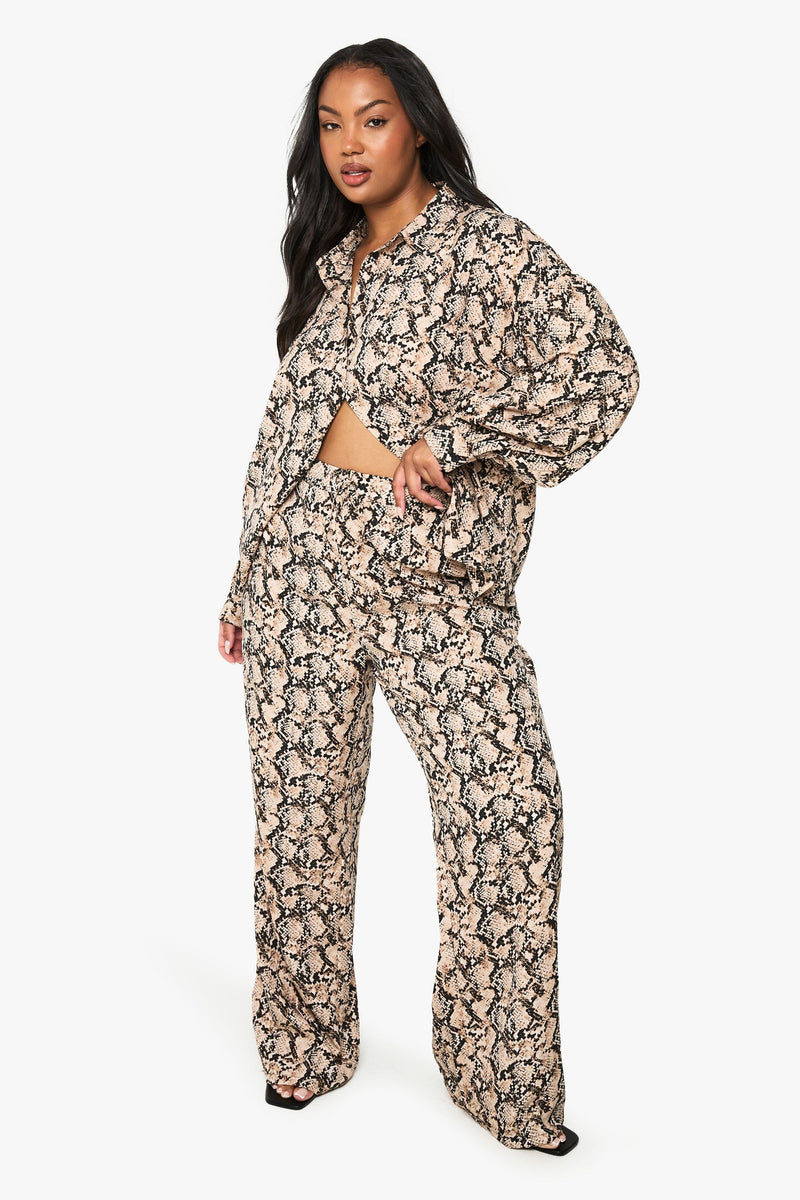 Plus Snake Drawstring Waist Wide Leg Trousers