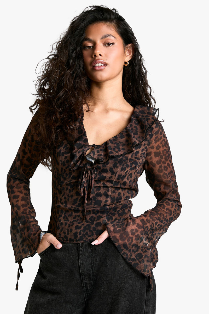Chiffon Leopard Ruffle Tie Front Blouse
