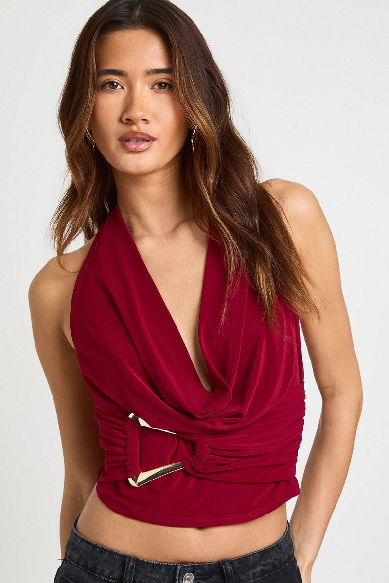 Double Layer Slinky Halter Neck Buckle Gold Trim Top