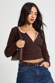 Ribbed Contrast Henley Button Long Sleeve Top