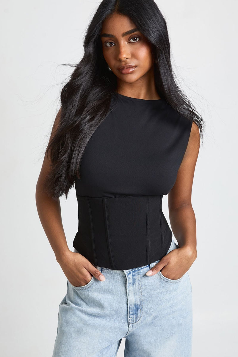 Bengaline Grown On Neck Lace Up Back Corset Detail Bodysuit