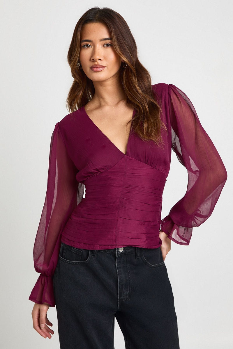 Chiffon V Neck Long Sleeve Top