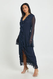 Petite Chiffon Polka Dot Ruffle Detail Midi Dress