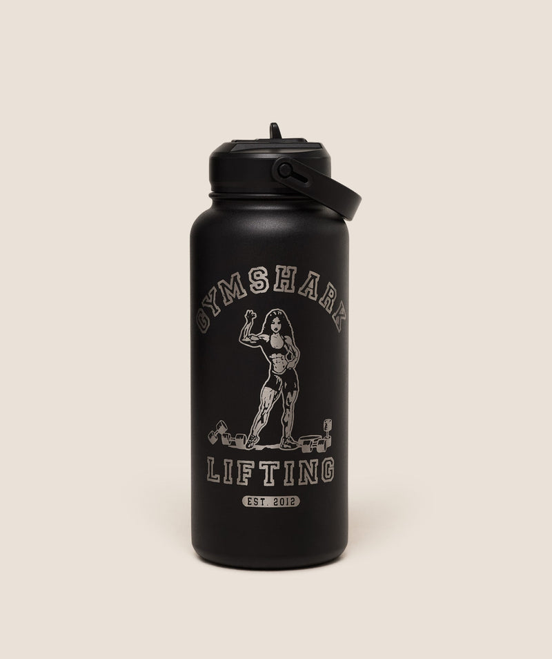 Gymshark Metal Insulated 1L Bottle with Straw - Strongwoman Graphic - Black