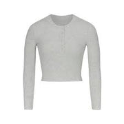 SKIMS COTTON RIB LONG SLEEVE CROP HENLEY LIGHT HEATHER GREY