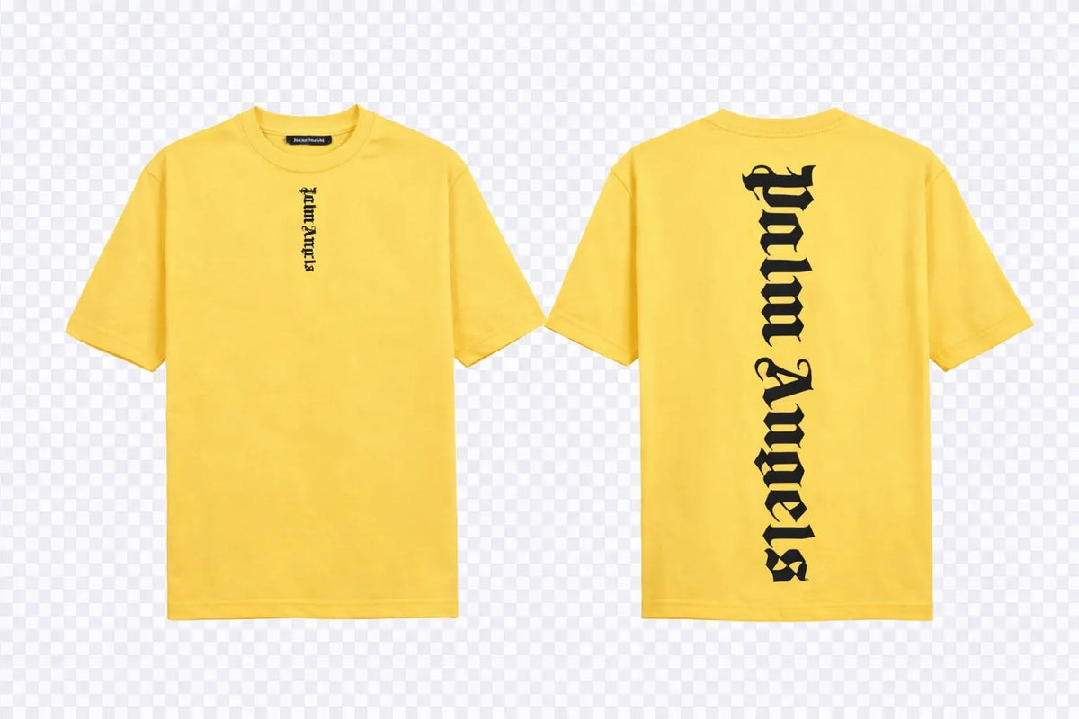 Palm Angels Yellow T-Shirt featuring a large black gothic font logo