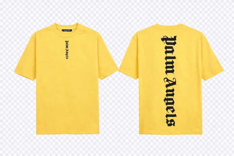 Palm Angels Yellow T-Shirt featuring a large black gothic font logo