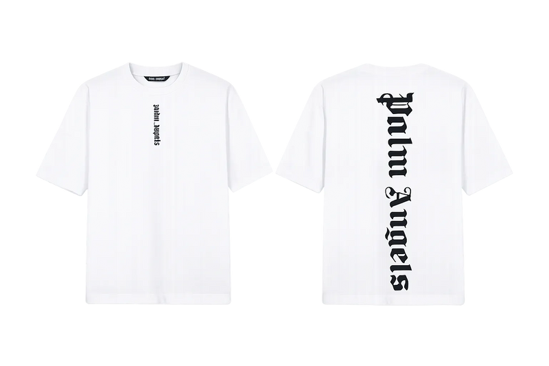 Palm Angels White T-Shirt featuring a large black gothic font logo
